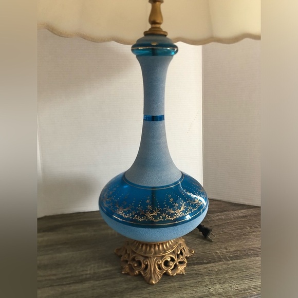 Vtg France Made Blue Sugared Glass Table Lamp - Picture 7 of 13